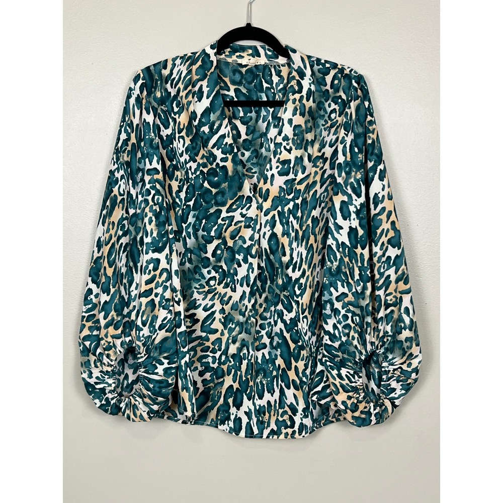 Jodifl Teal Leopard Print Balloon Sleeve V-Neck Blouse G20534 Womens Medium
